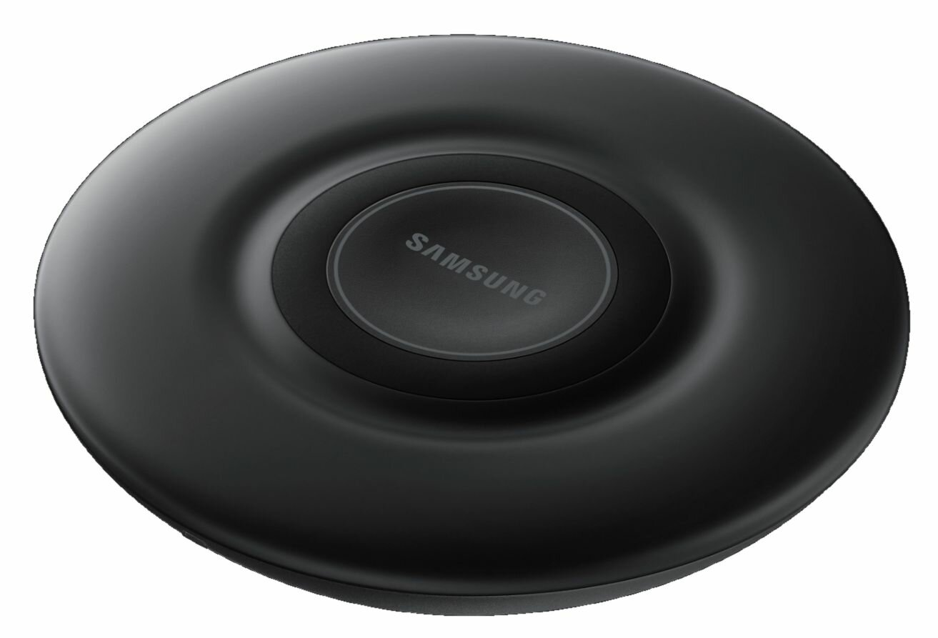 Czarna, okrągła, bezprzewodowa podkładka ładująca z podniesionym środkiem i logo Samsung.
