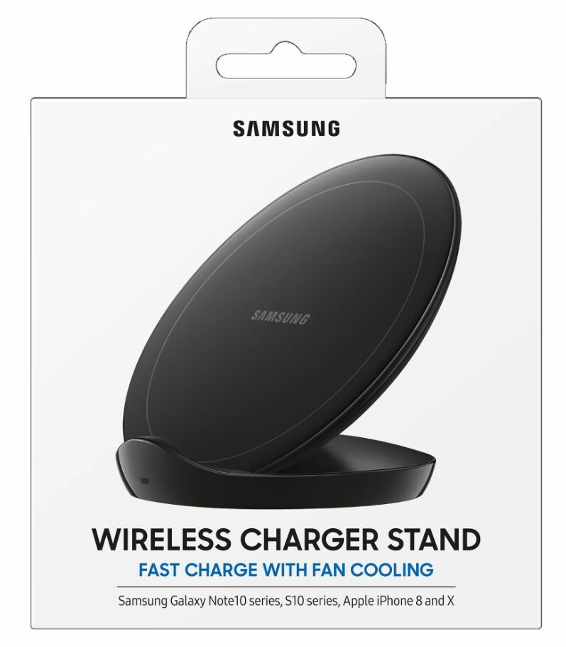 Czarny stojak na ładowarkę bezprzewodową z logo i tekstem Samsung.