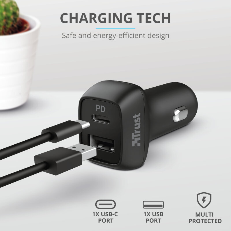 Ładowarka samochodowa TRUST Qmax Ultra-Fast USB + USB-C 30W