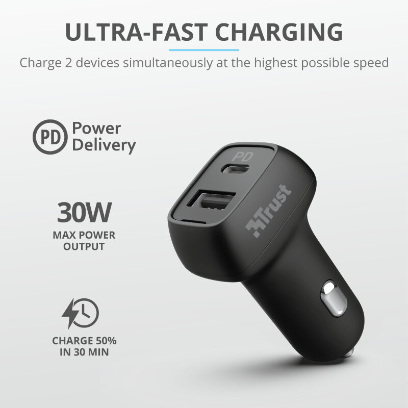 Ładowarka samochodowa TRUST Qmax Ultra-Fast USB + USB-C 30W