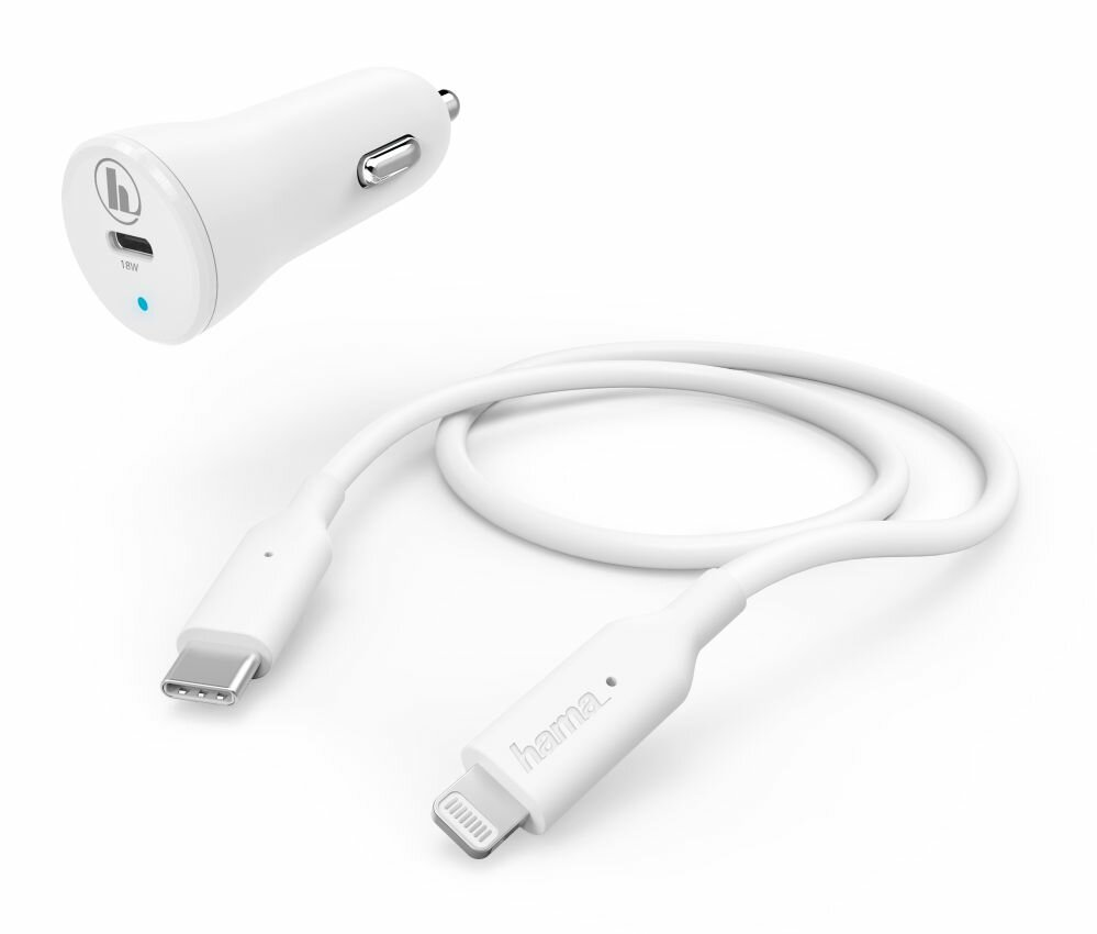 Ładowarka samochodowa HAMA PD USB-C 18W Biały + kabel Lightning 1m 183297