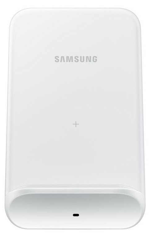 Biała bezprzewodowa podkładka ładująca Samsung. Jest prostokątna, ze znakiem plus i małym światełkiem. Czysty, prosty design.