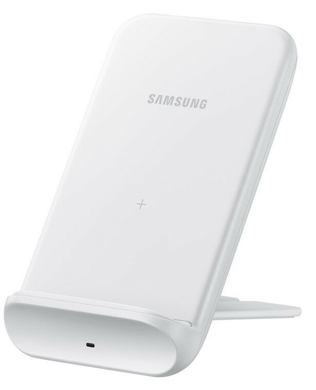 Biała ładowarka bezprzewodowa Samsung, widok z góry, na białym tle. Widoczne logo Samsung.