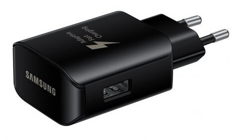 Czarny adapter szybkiego ładowania Samsung z portem USB i ikoną ładowania.