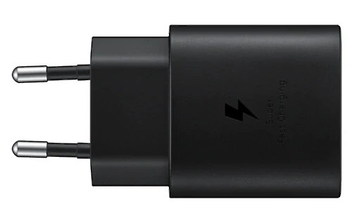 Czarna ładowarka Samsung z dwoma srebrnymi bolcami i napisem 'Super Fast Charging'.