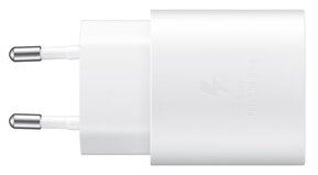 Biała ładowarka do telefonu z dwoma srebrnymi bolcami.