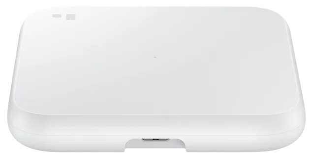 Biała ładowarka bezprzewodowa Samsung o gładkim, prostokątnym kształcie.