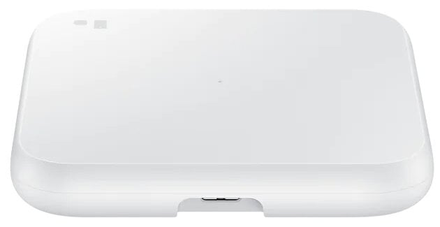 Biała, prostokątna ładowarka bezprzewodowa Samsung. Ma mały otwór i subtelny, zaokrąglony kształt.