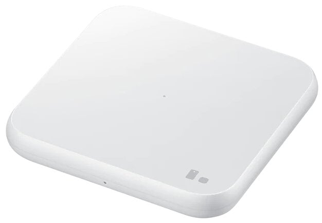 Biała bezprzewodowa podkładka ładująca. Ma małą kropkę i dwa symbole.