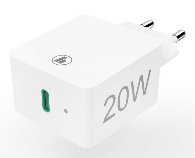 Biała ładowarka 20W z zielonym portem USB-C.
