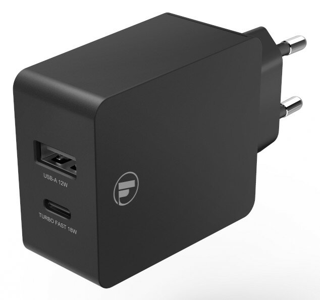 Czarna ładowarka z portami USB-A i USB-C, oznaczona USB-A 12W i Turbo Fast 18W.