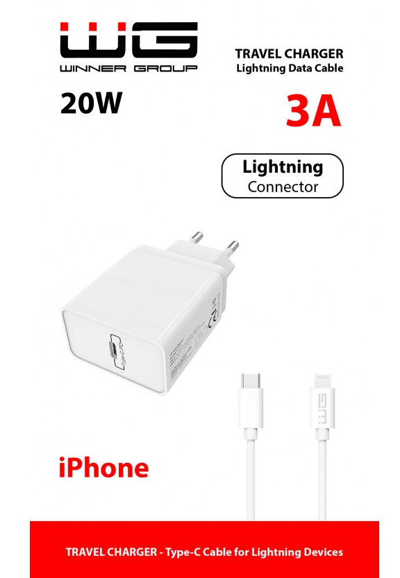 Ładowarka sieciowa WG 1xUSB-C-PD 20W + nylonowy kabel typu C-Lightning MFI
