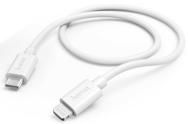 Biały kabel USB-C do Lightning z marką 'hama', na białym tle.