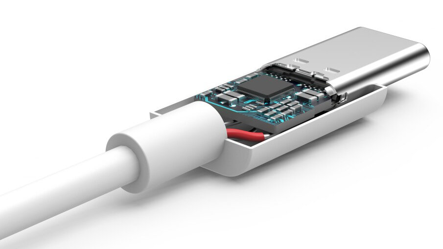 Zbliżenie złącza USB-C pokazujące odsłoniętą płytkę drukowaną i czerwony przewód.