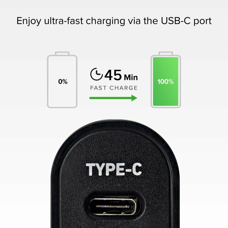 Obrazek pokazujący ładowanie telefonu od 0% do 100% w 45 minut przez port USB-C.