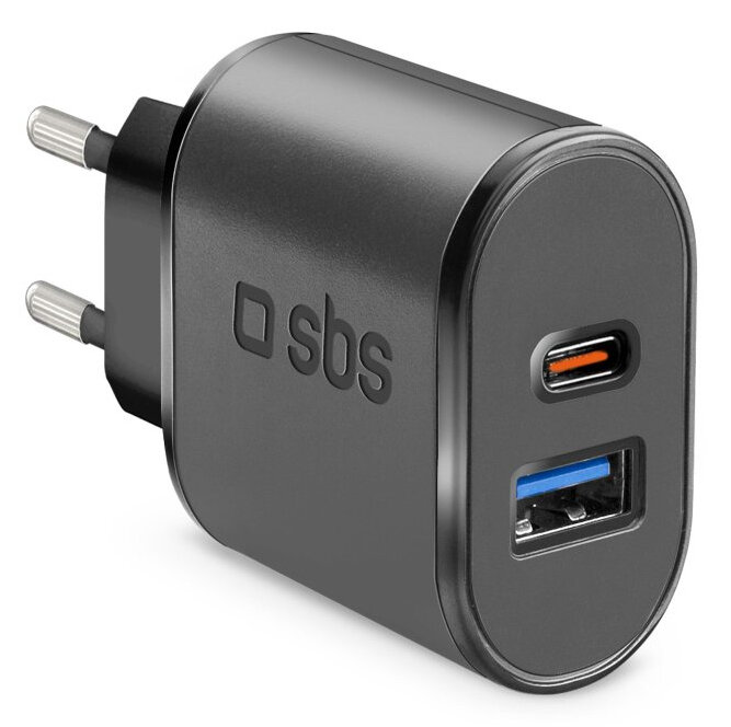 Czarna ładowarka SBS z dwoma portami: jednym USB i jednym USB-C.