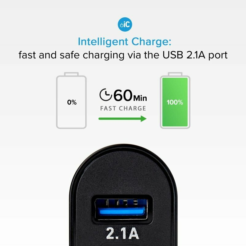 Ładowarka pokazująca ładowanie od 0% do 100% w 60 minut. Czarna ładowarka z portem USB.