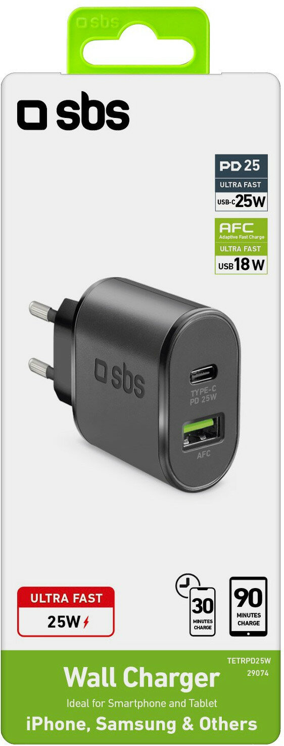 Czarna ładowarka ścienna SBS z dwoma portami i napisem 'Ultra Fast 25W'.