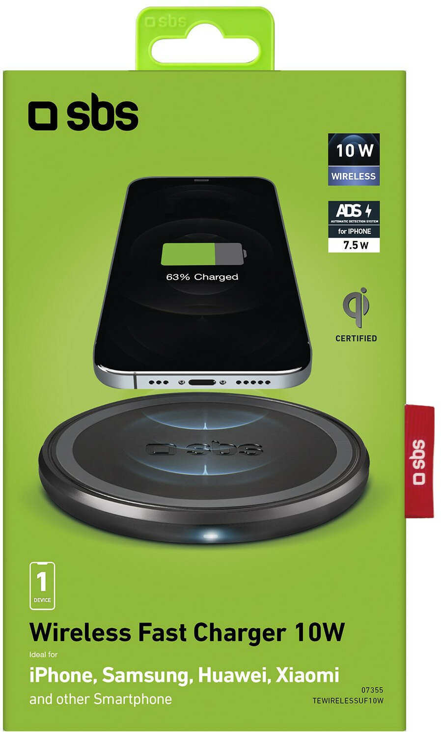 Pudełko szybkiej ładowarki bezprzewodowej, pokazujące telefon ładujący się na górze.