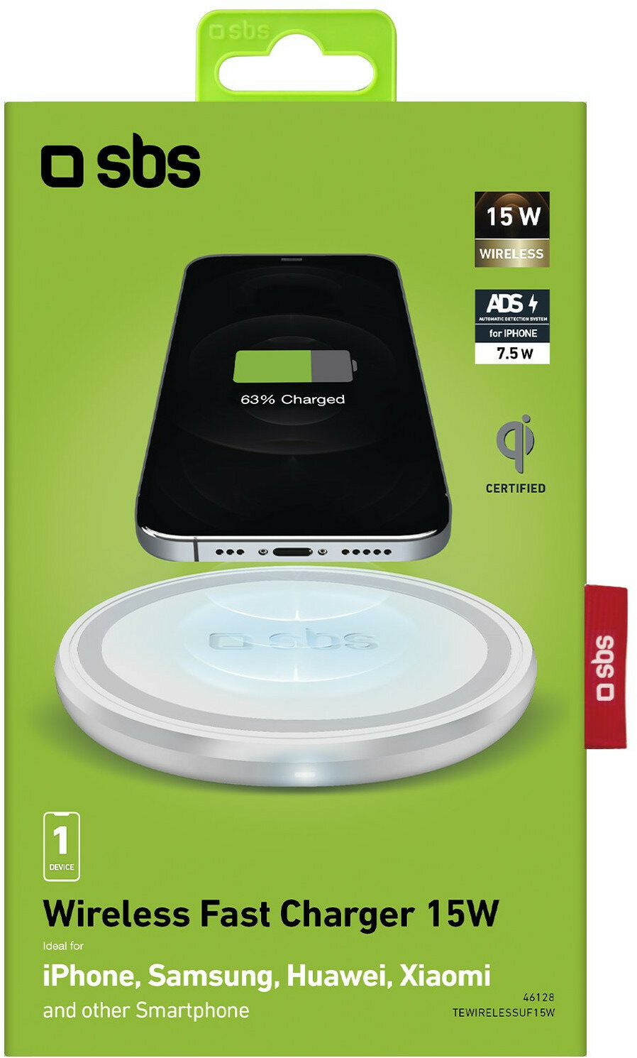 Ładowarka bezprzewodowa ze smartfonem. Ładowarka jest biała, a telefon czarny, z zielonym ładowaniem.