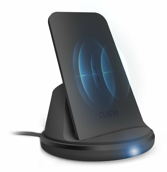 Czarny bezprzewodowy stojak ładujący z obszarem w kształcie telefonu i efektem niebieskiego światła.