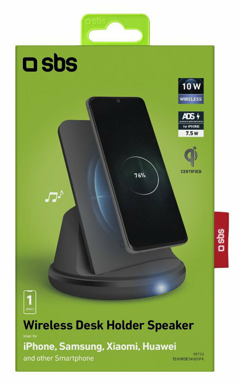 Zielone pudełko z głośnikiem bezprzewodowym do uchwytu na biurko i telefonem.