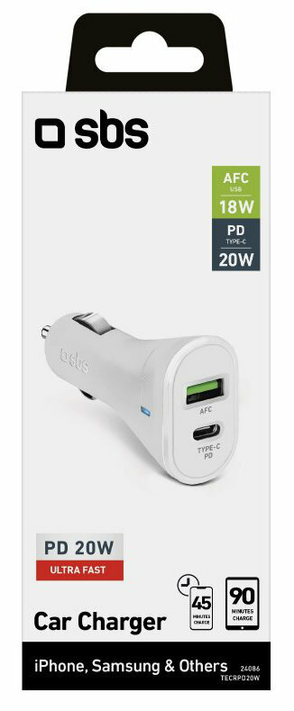 Białe pudełko ładowarki samochodowej. Pudełko ma logo sbs i tekst opisujący ładowarkę.