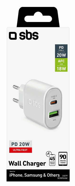 Biała ładowarka ścienna SBS z dwoma portami, USB-C i USB-A, w opakowaniu detalicznym.