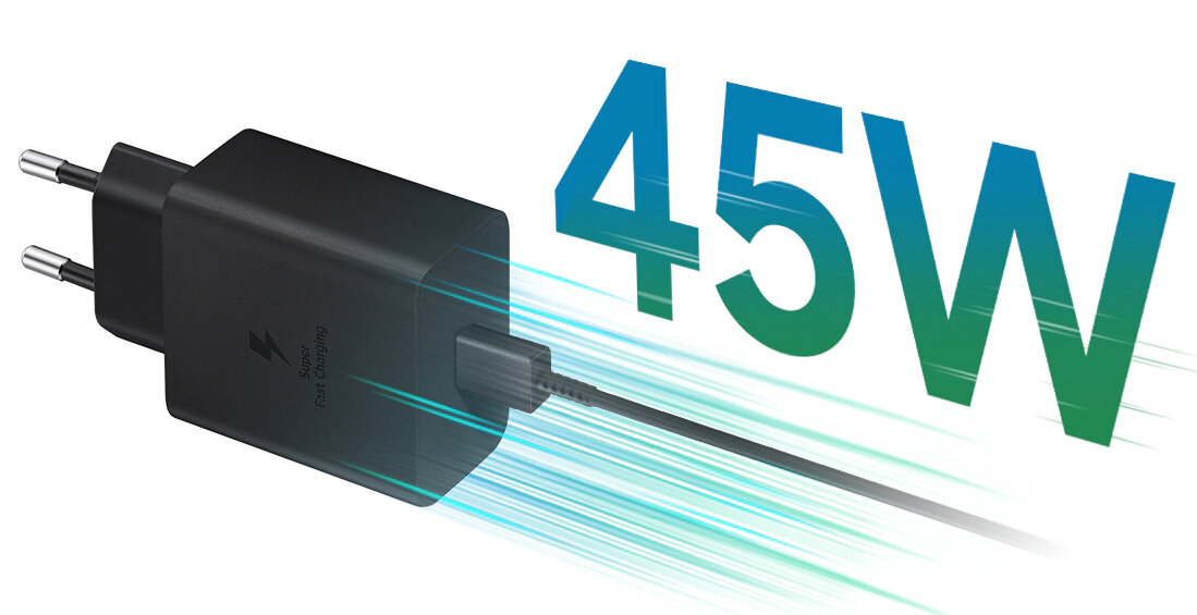 Czarna ładowarka Samsung 45W z kablem i grafiką pokazującą prędkość ładowania.
