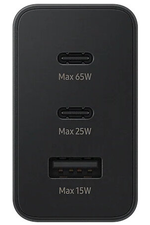 Czarny zasilacz z trzema portami. Maks. 65W, 25W i 15W oznaczone na każdym porcie.