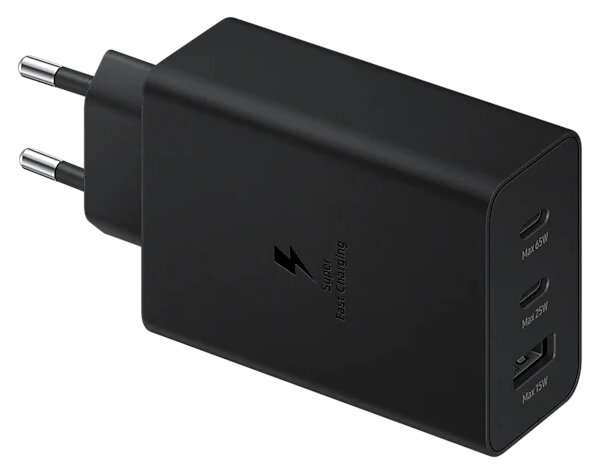 Czarna ładowarka Samsung z trzema portami. Posiada Super Fast Charging i wtyczkę EU.