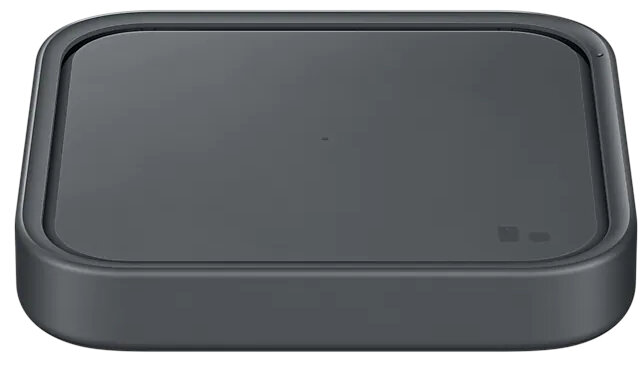 Ciemnoszara bezprzewodowa podkładka ładująca z małą lampką kontrolną na górnej powierzchni.