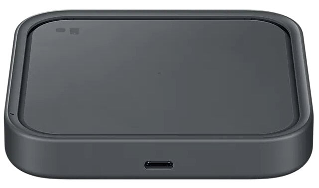 Ciemnoszara bezprzewodowa podkładka ładująca z portem USB-C i małym światełkiem.