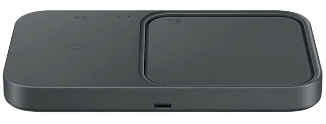 Czarna bezprzewodowa podkładka ładująca. Posiada dwa obszary ładowania i port USB-C.