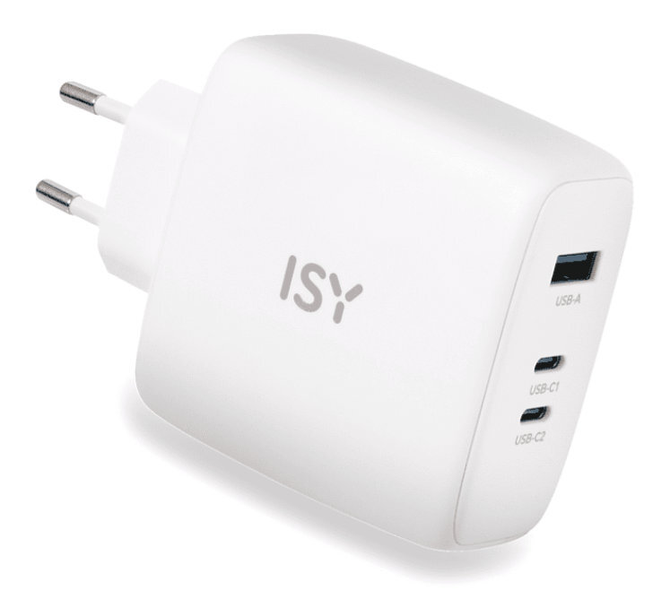 Biała ładowarka ISY z trzema portami USB i wtyczką. Ładowarka ma logo ISY.