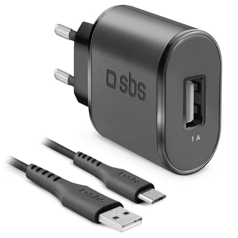 Czarna ładowarka ścienna SBS z portem USB i dwoma podłączonymi kablami USB.