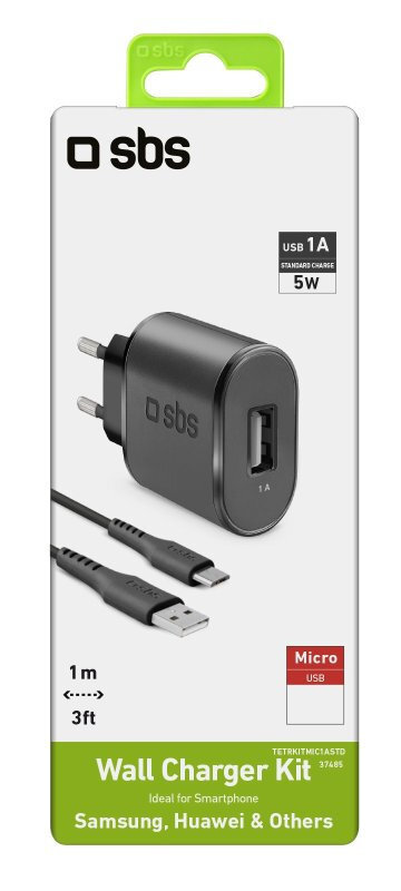 Czarny zestaw ładowarki ściennej USB z kablami USB i micro-USB. Jest na białym tle.