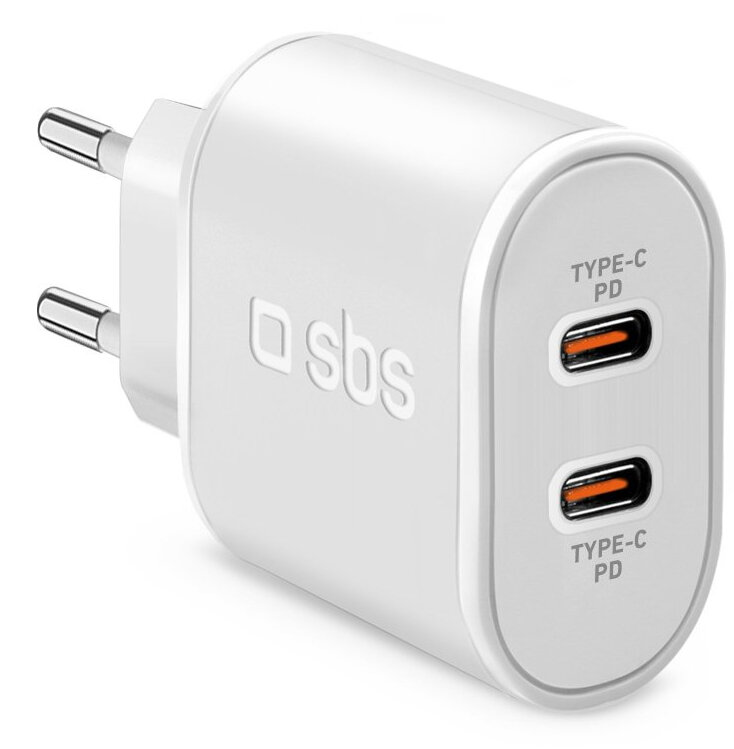 Biała ładowarka z dwoma portami Type-C PD. Czarne wtyczki z boku. Logo 'sbs' z przodu.