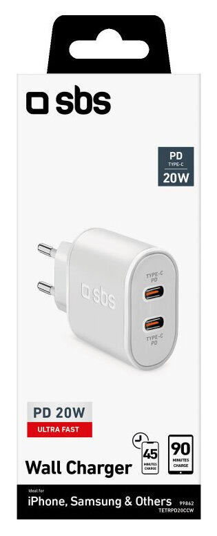 Biała ładowarka ścienna z dwoma portami USB-C, czarny i czerwony tekst na białym pudełku.