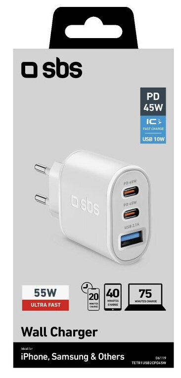 Biała ładowarka ścienna SBS z dwoma portami USB. Ma czarne logo i ikony.