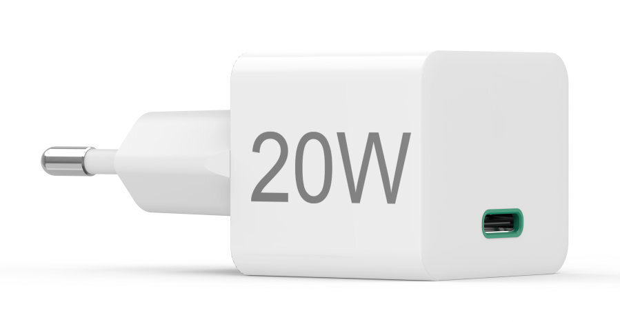 Biała ładowarka 20W z portem USB-C. Tekst "20W" jest wydrukowany na przodzie.