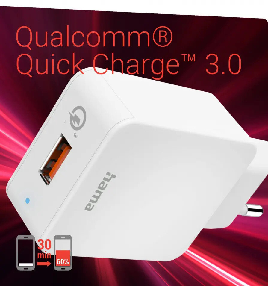 Biała ładowarka Hama z portem USB. Tekst wskazuje Qualcomm Quick Charge 3.0.