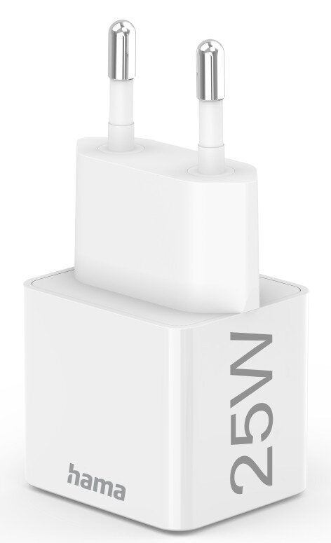 Biała ładowarka Hama 25W z wtyczką dwupinową i napisem '25W'. Białe tło.