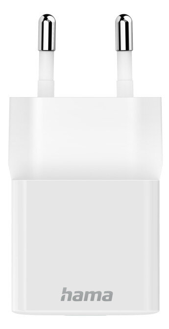 Biała wtyczka ładowarki z dwoma pinami i logo "hama" na obudowie.