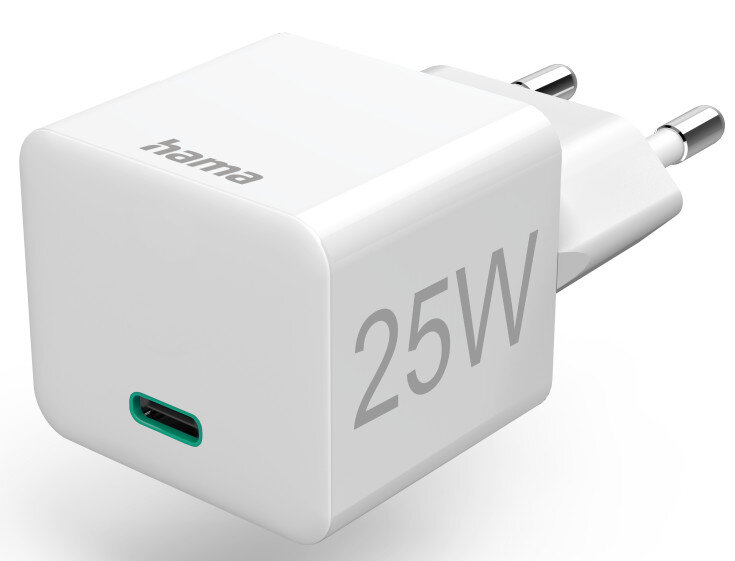 Biała ładowarka Hama 25W z portem USB-C, widok z bliska, na białym tle.