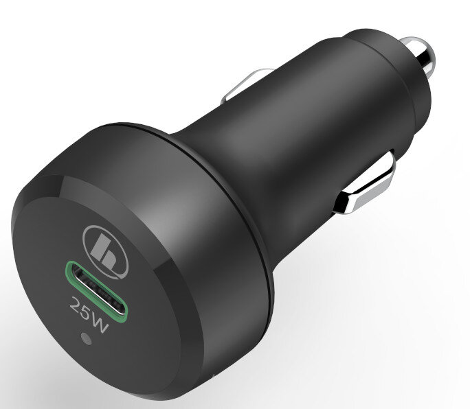 Czarna ładowarka samochodowa Hama z portem USB-C, 25W. Logo na dole.