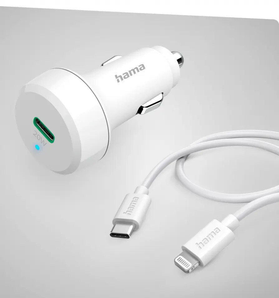 Biała ładowarka samochodowa Hama z portem USB-C i kablem ze złączem Lightning.