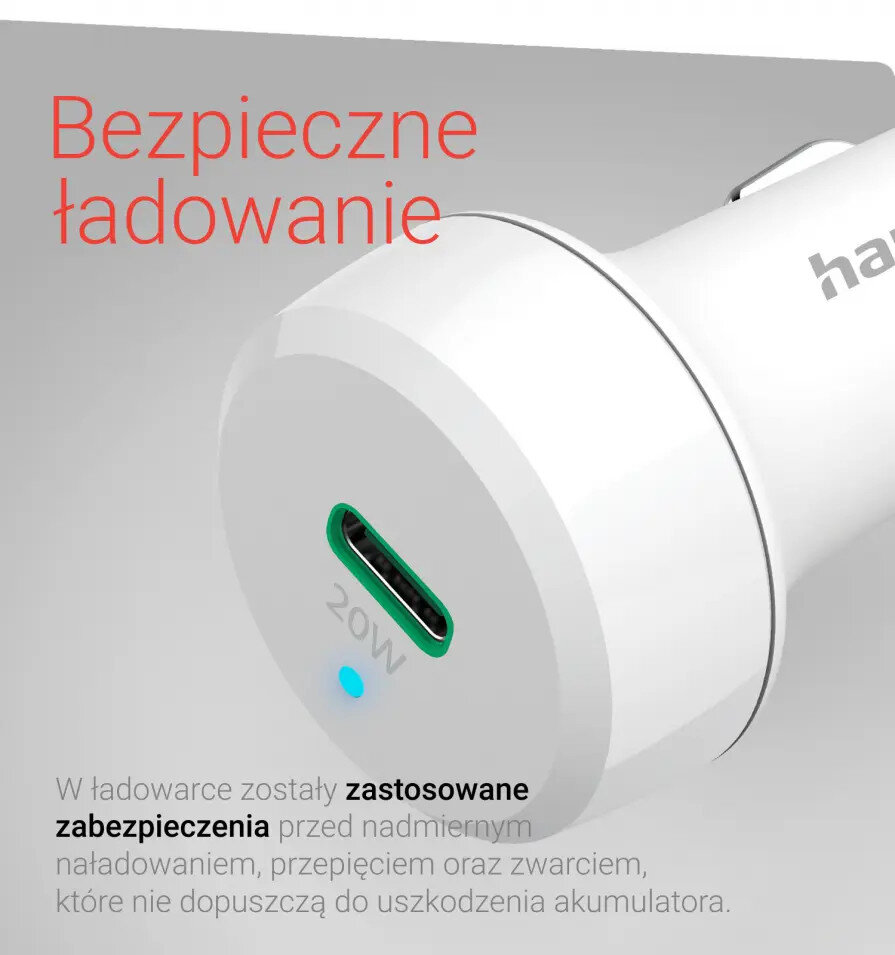 Biała ładowarka samochodowa z zielonym portem ładowania. Tekst: 20W. Niebieski wskaźnik światła.