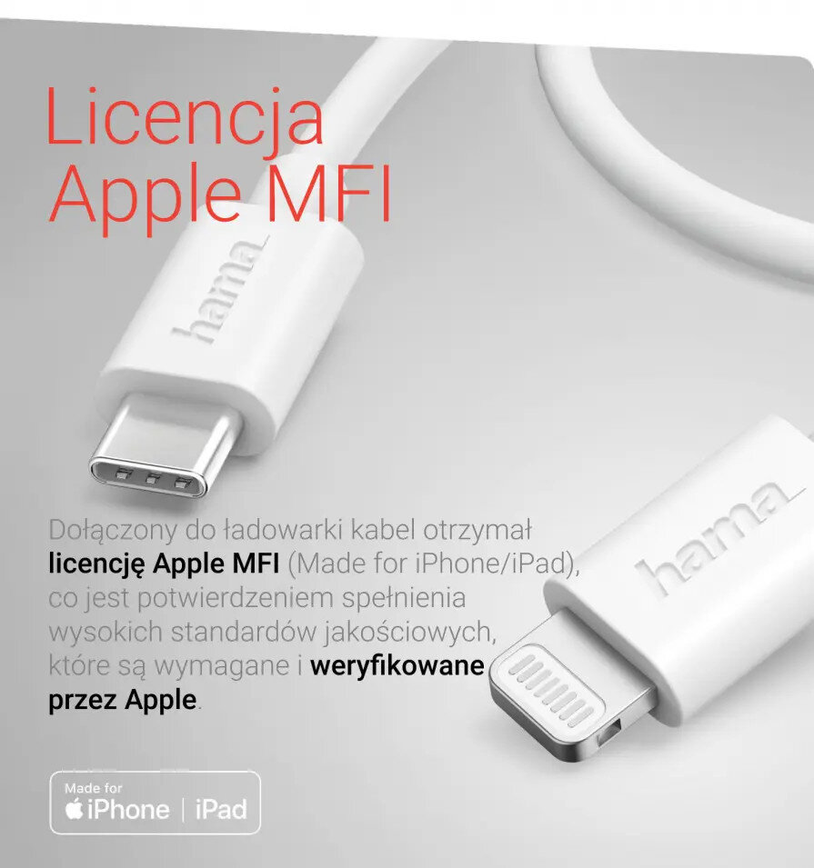 Biały kabel USB-C z logo 'hama' i złączem Lightning. Tekst: Licencja Apple MFI.