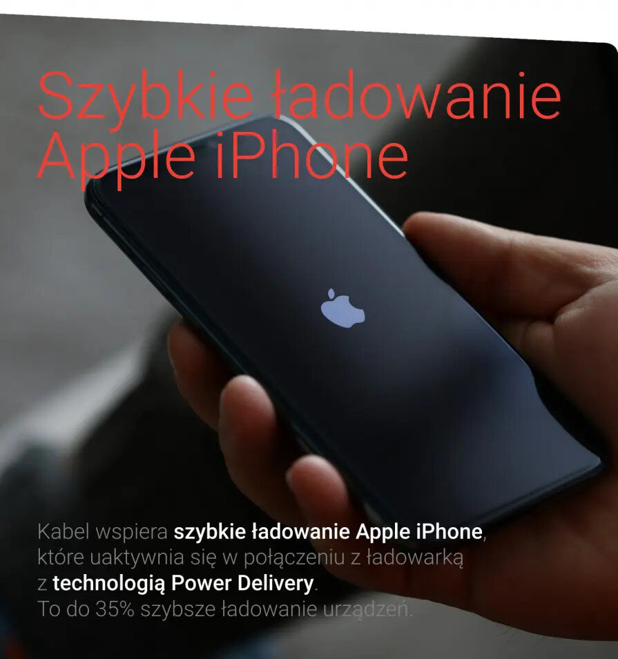 Czarny iPhone trzymany w dłoni z tekstem powyżej. Tekst jest po polsku.